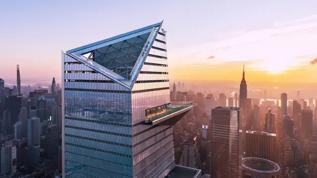 The triangular Edge outdoor observation deck projecting over Hudson Yards at sunset
